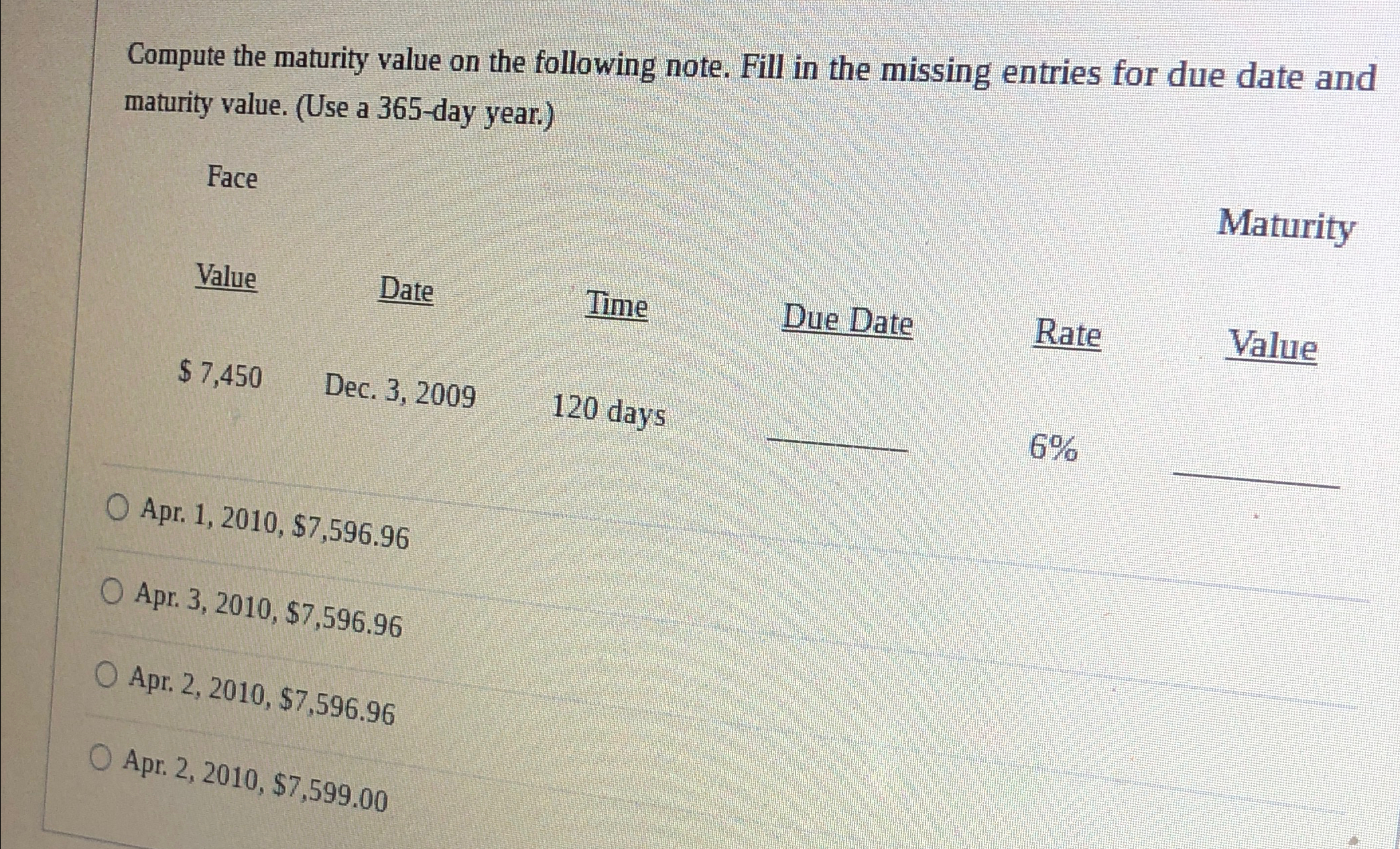 Compute the maturity value on the following note. Fill in the missing