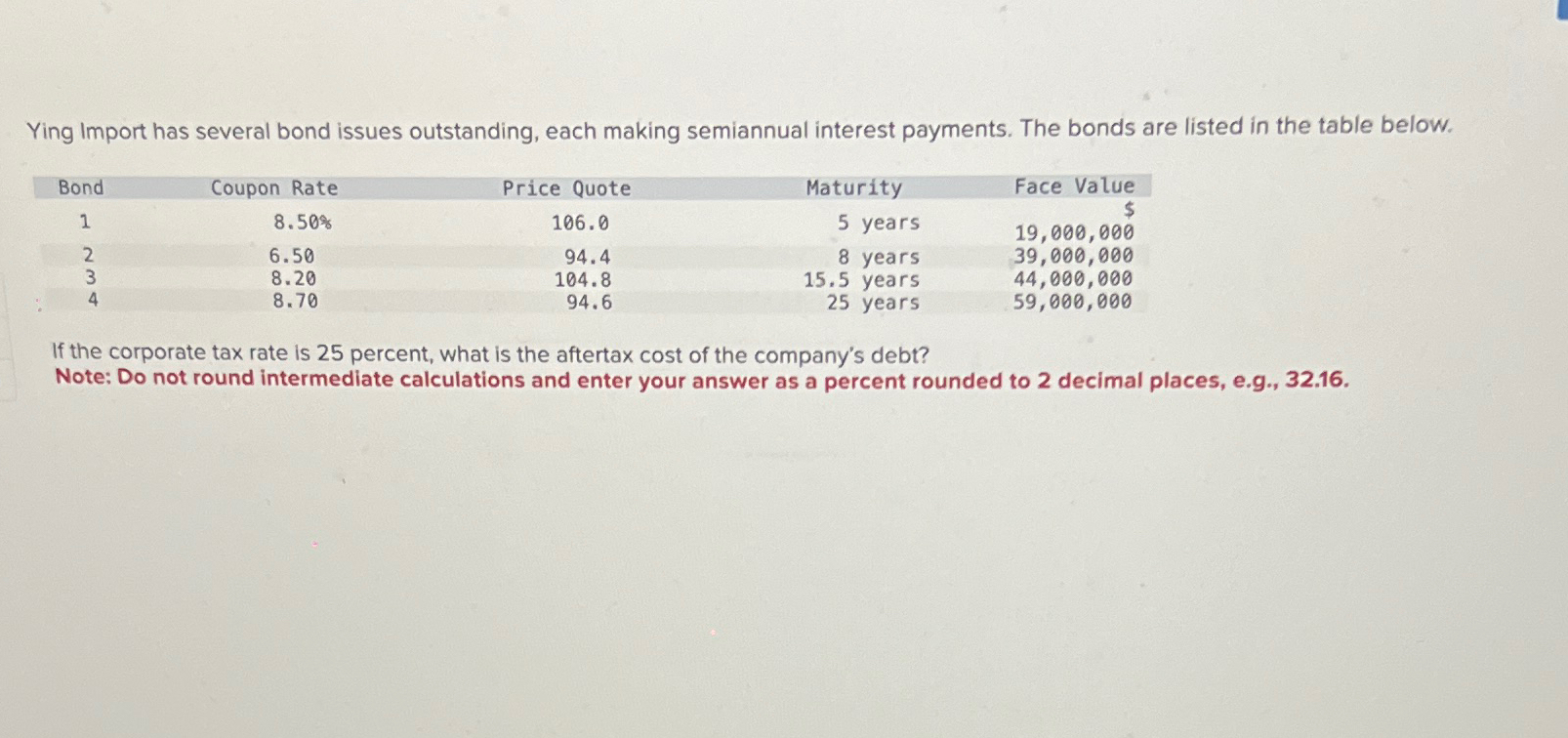 Ying Import has several bond issues outstanding, each making semiannual interest payments.