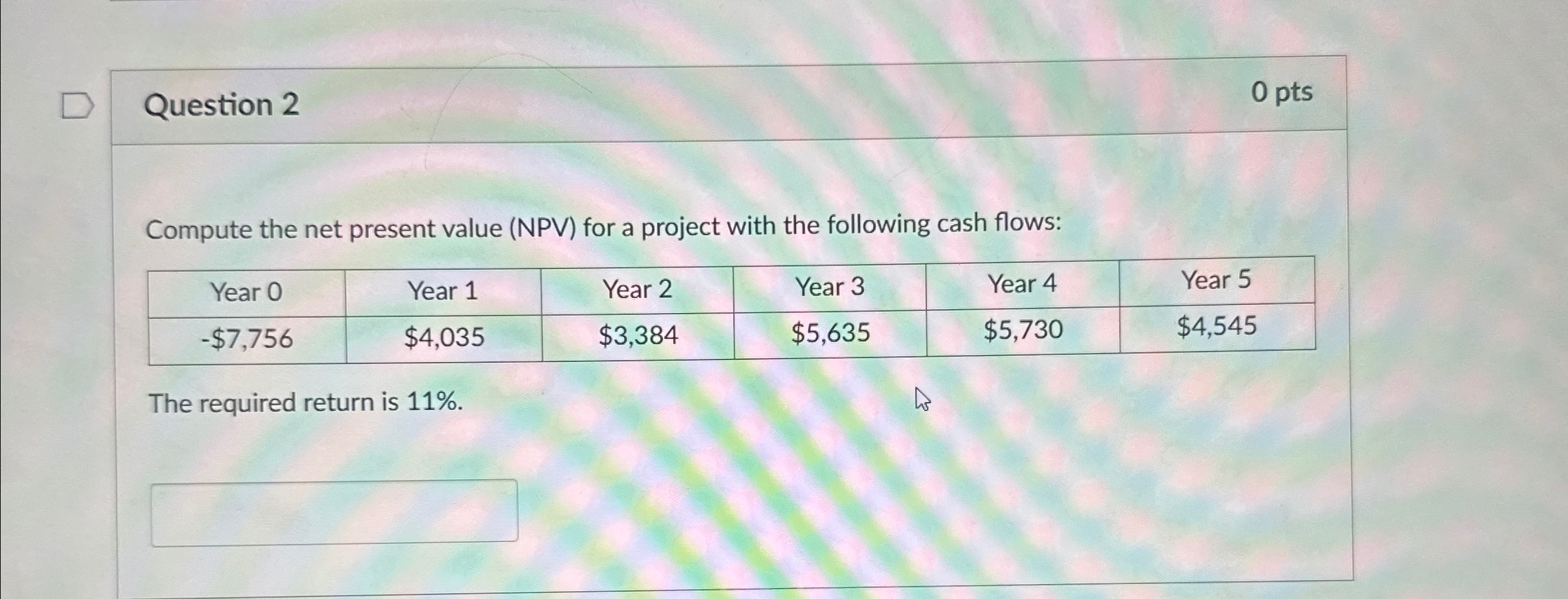 Question 2 Compute the net present value (NPV) for a project with