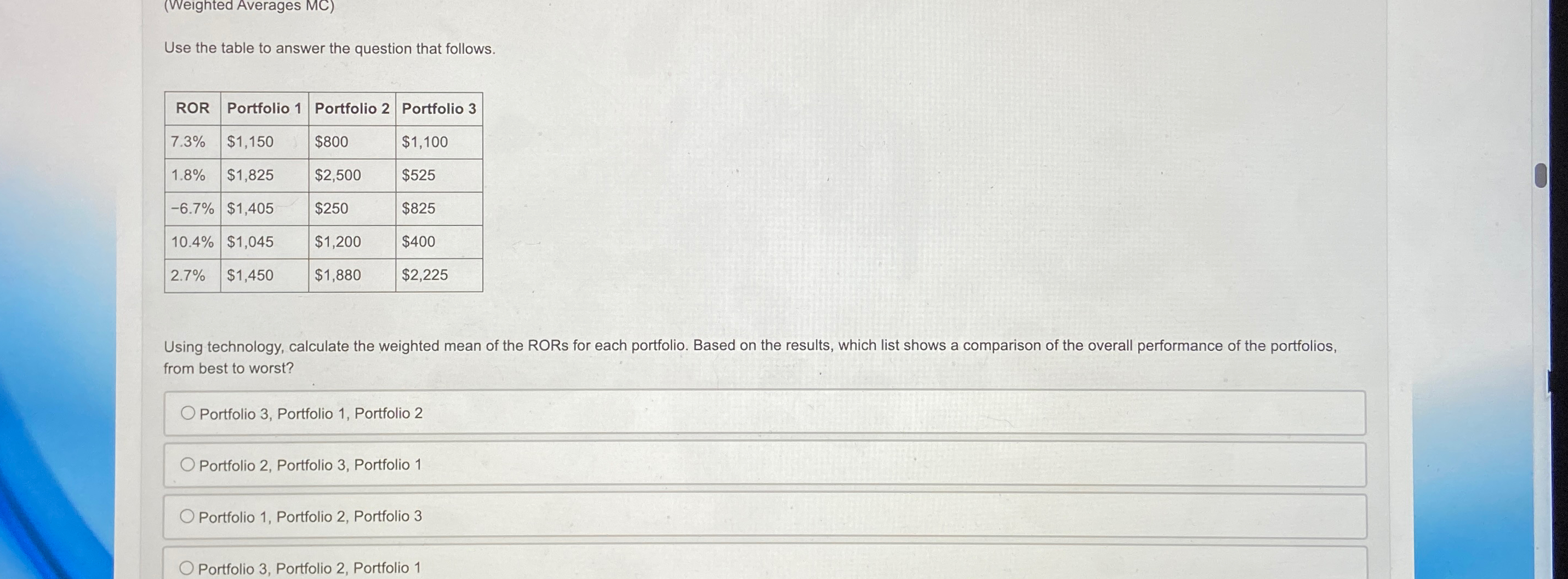 (Weighted Averages MC) Use the table to answer the question that follows.