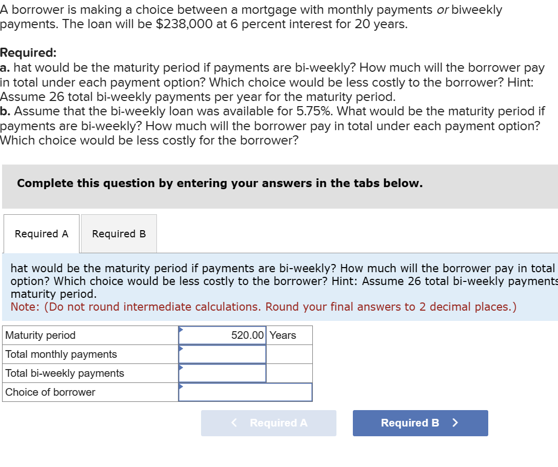 A borrower is making a choice between a mortgage with monthly payments