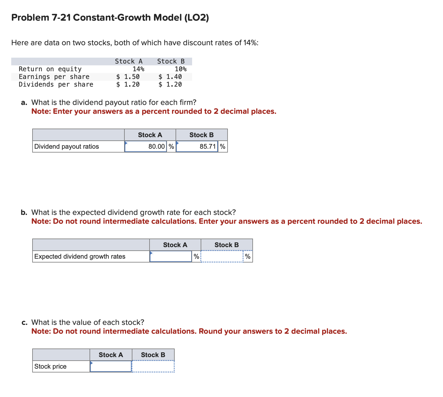 Problem 7-21 Constant-Growth Model (LO2) Here are data on two stocks, both