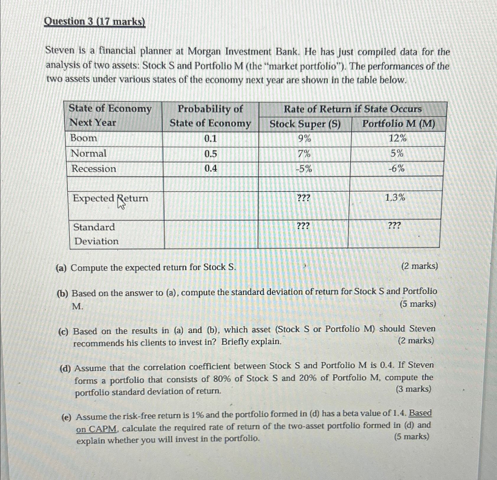 Question 3 (17 marks) Steven is a financial planner at Morgan Investment