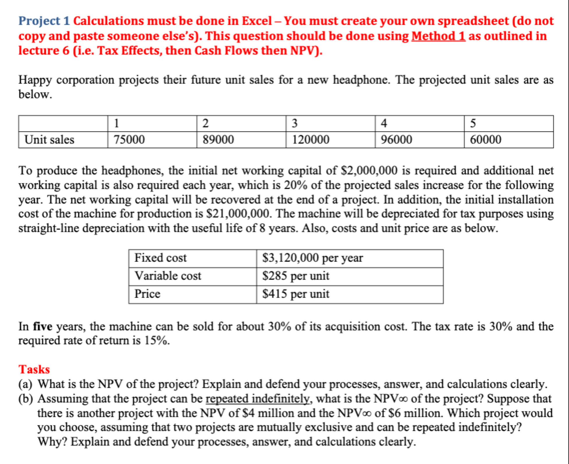 Project 1 Calculations must be done in Excel - You must create