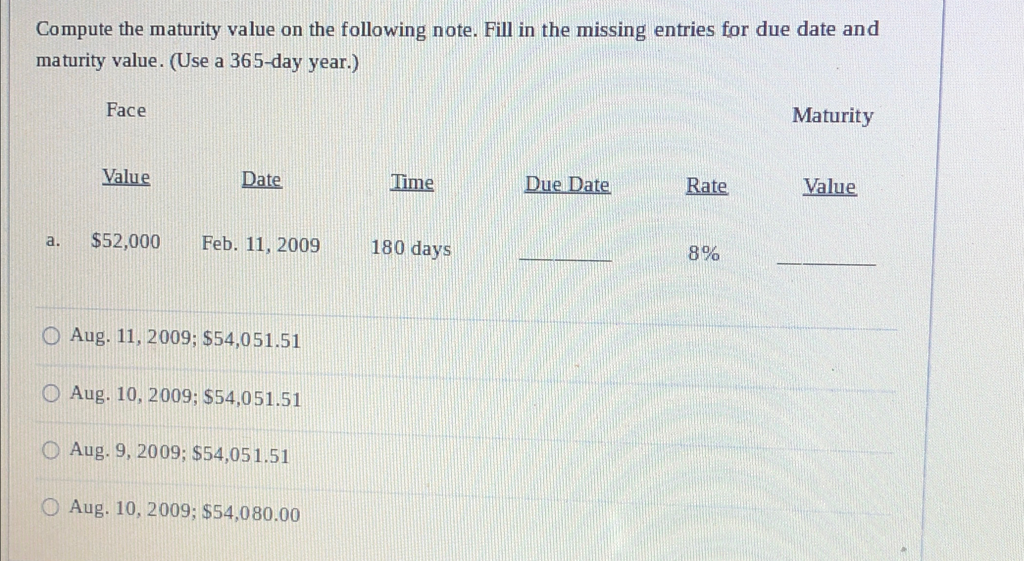 Compute the maturity value on the following note. Fill in the missing