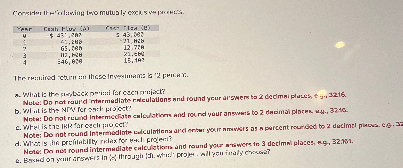 Consider the following two mutually exclusive projects: Year Cash Flow (A) Cash