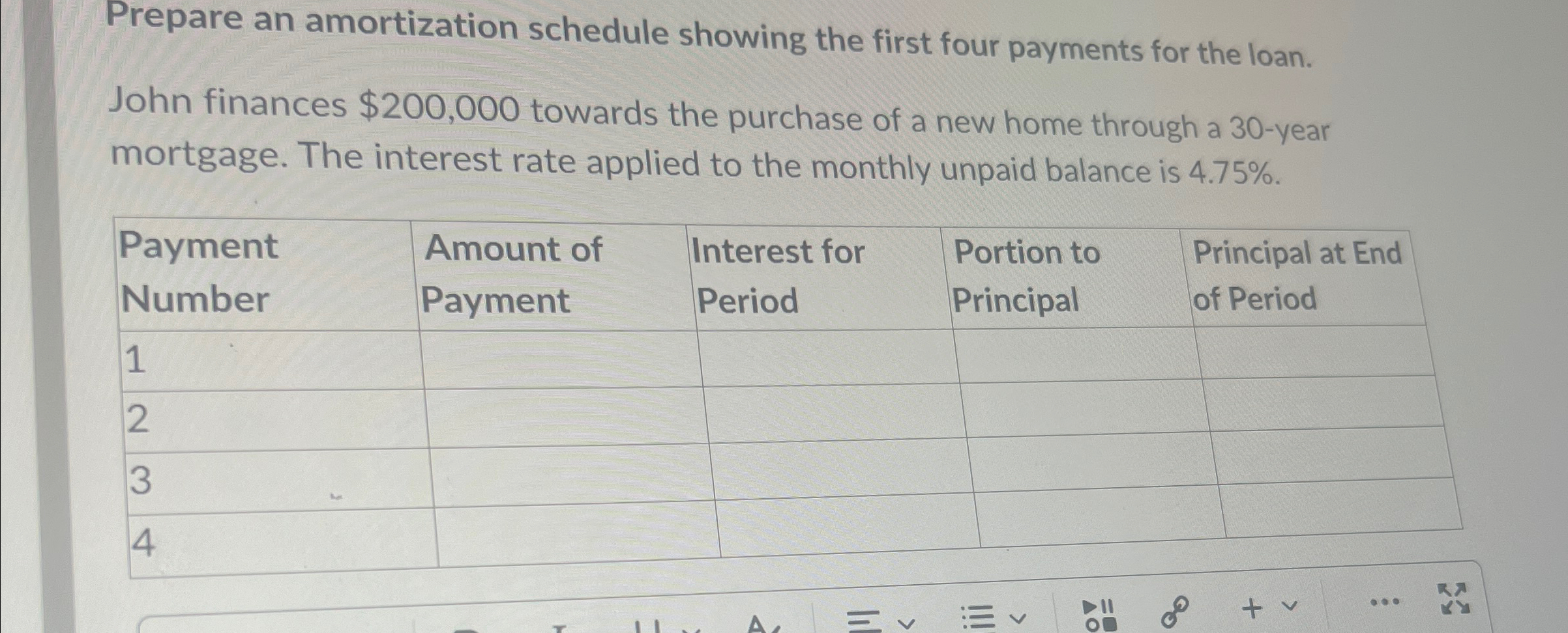 Prepare an amortization schedule showing the first four payments for the loan.