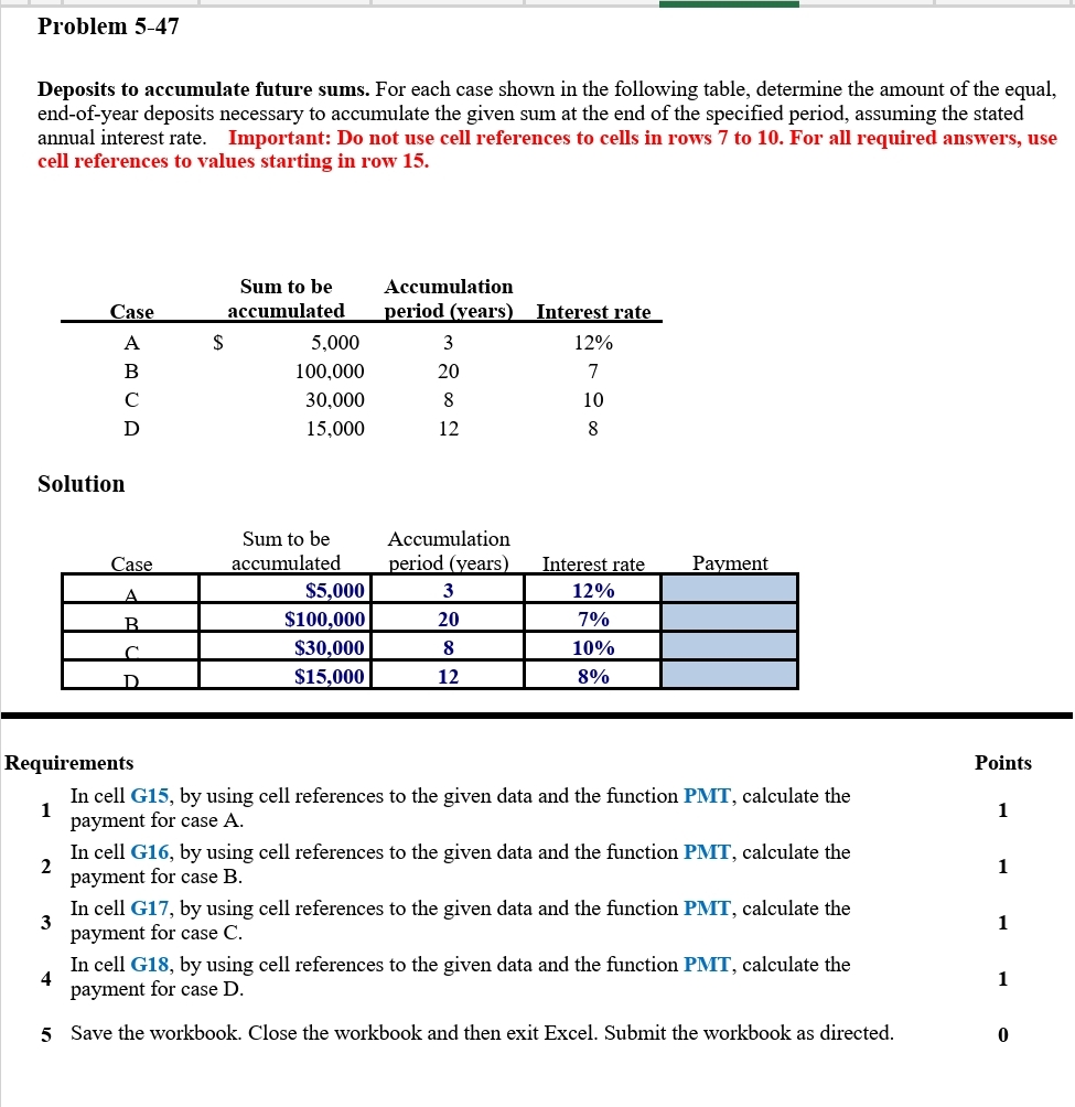 Problem 5-47 Deposits to accumulate future sums. For each case shown in