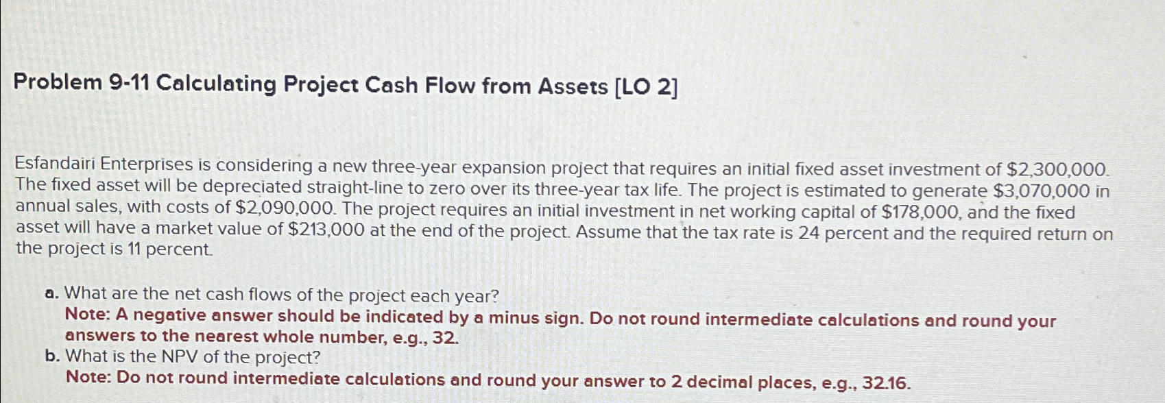 Problem 9-11 Calculating Project Cash Flow from Assets [LO 2] Esfandairi Enterprises