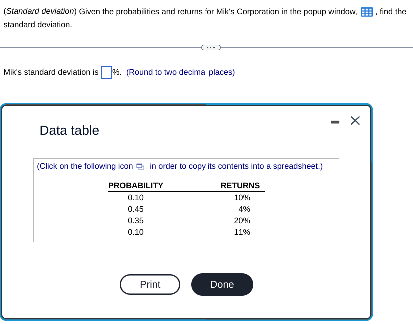(Standard deviation) Given the probabilities and returns for Mik's Corporation in the