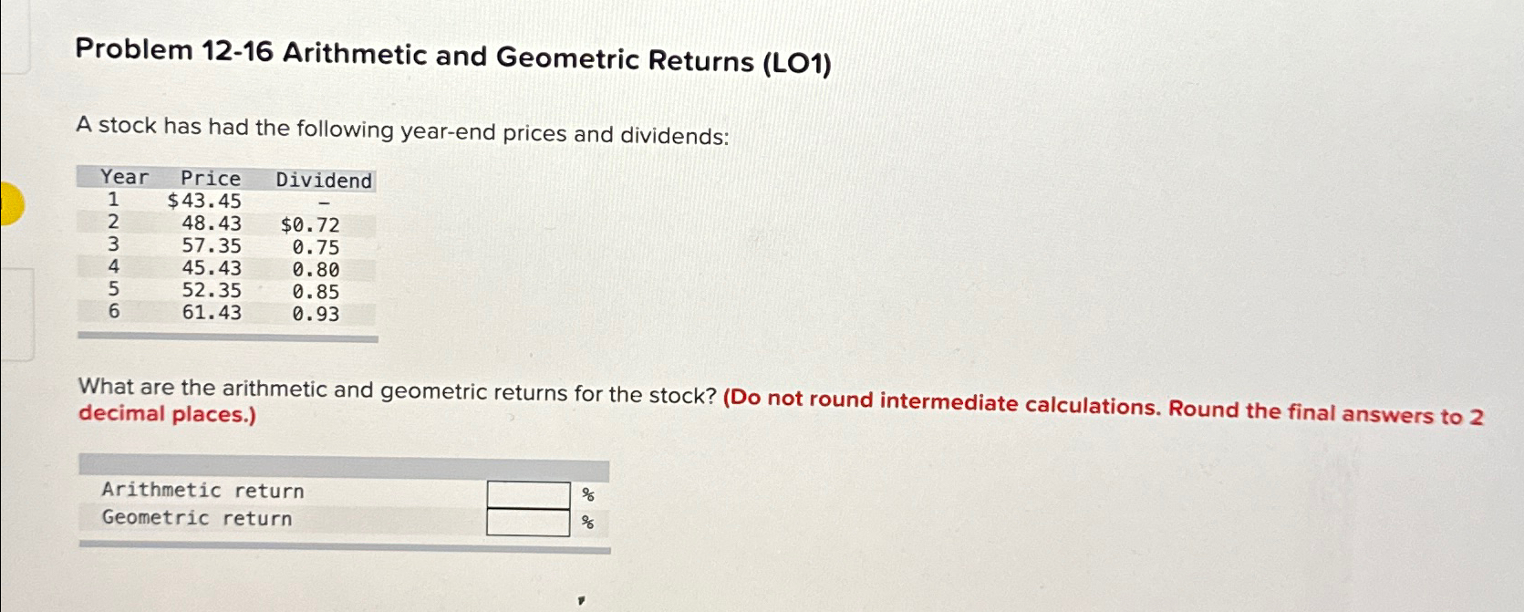 Problem 12-16 Arithmetic and Geometric Returns (LO1) A stock has had the