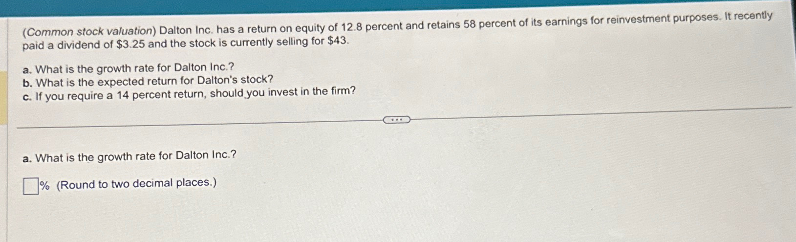 (Common stock valuation) Dalton Inc. has a return on equity of 12.8