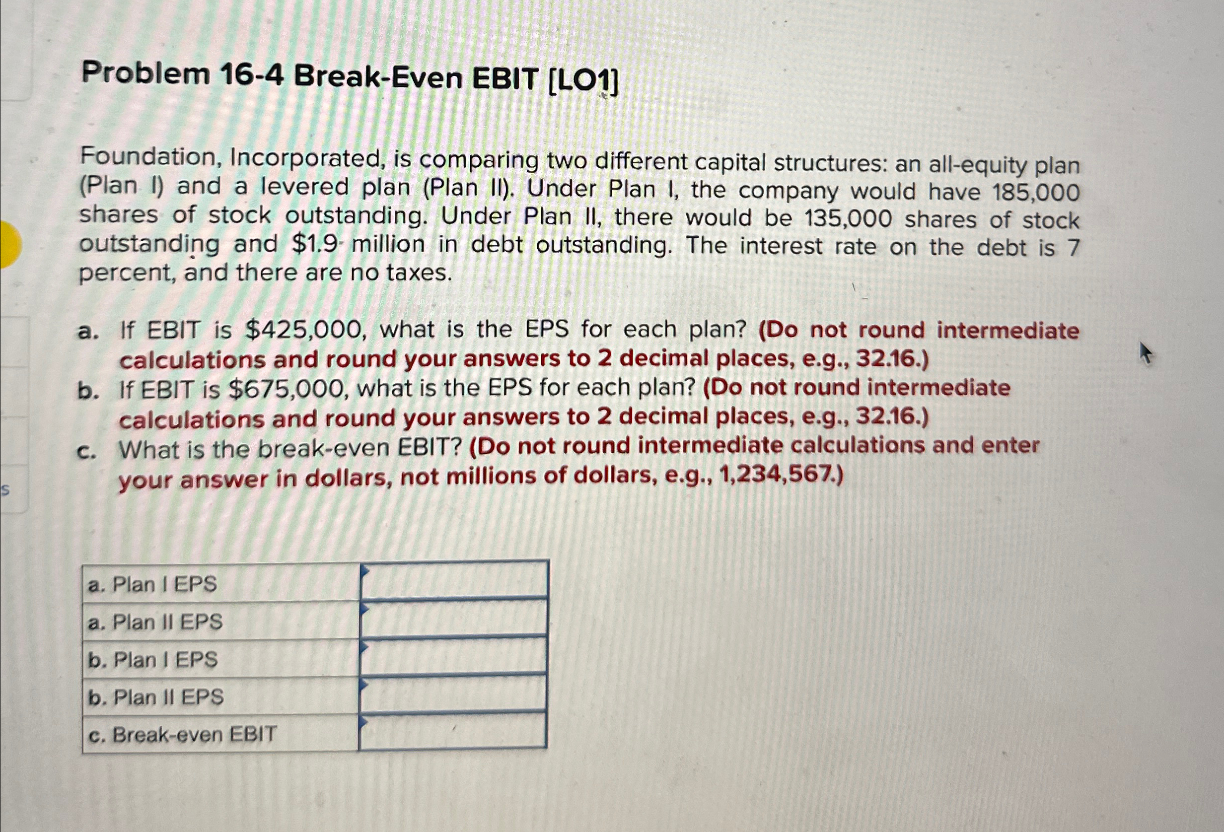 Problem 16-4 Break-Even EBIT [LO1] Foundation, Incorporated, is comparing two different capital