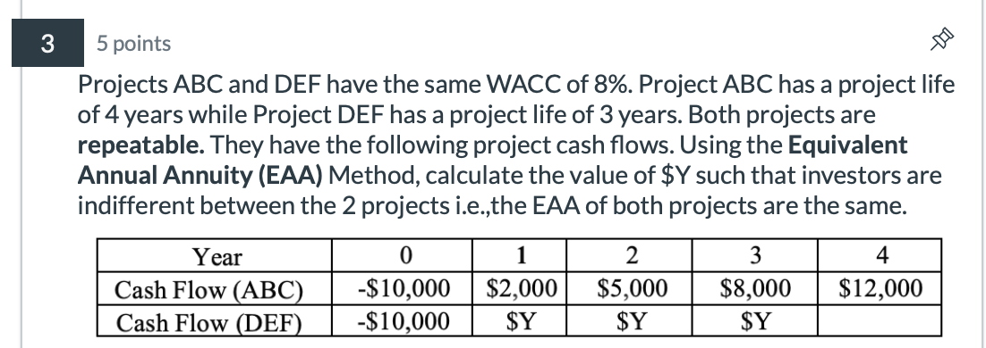 3 5 points Projects ABC and DEF have the same WACC of