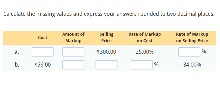 Calculate the missing values and express your answers rounded to two decimal