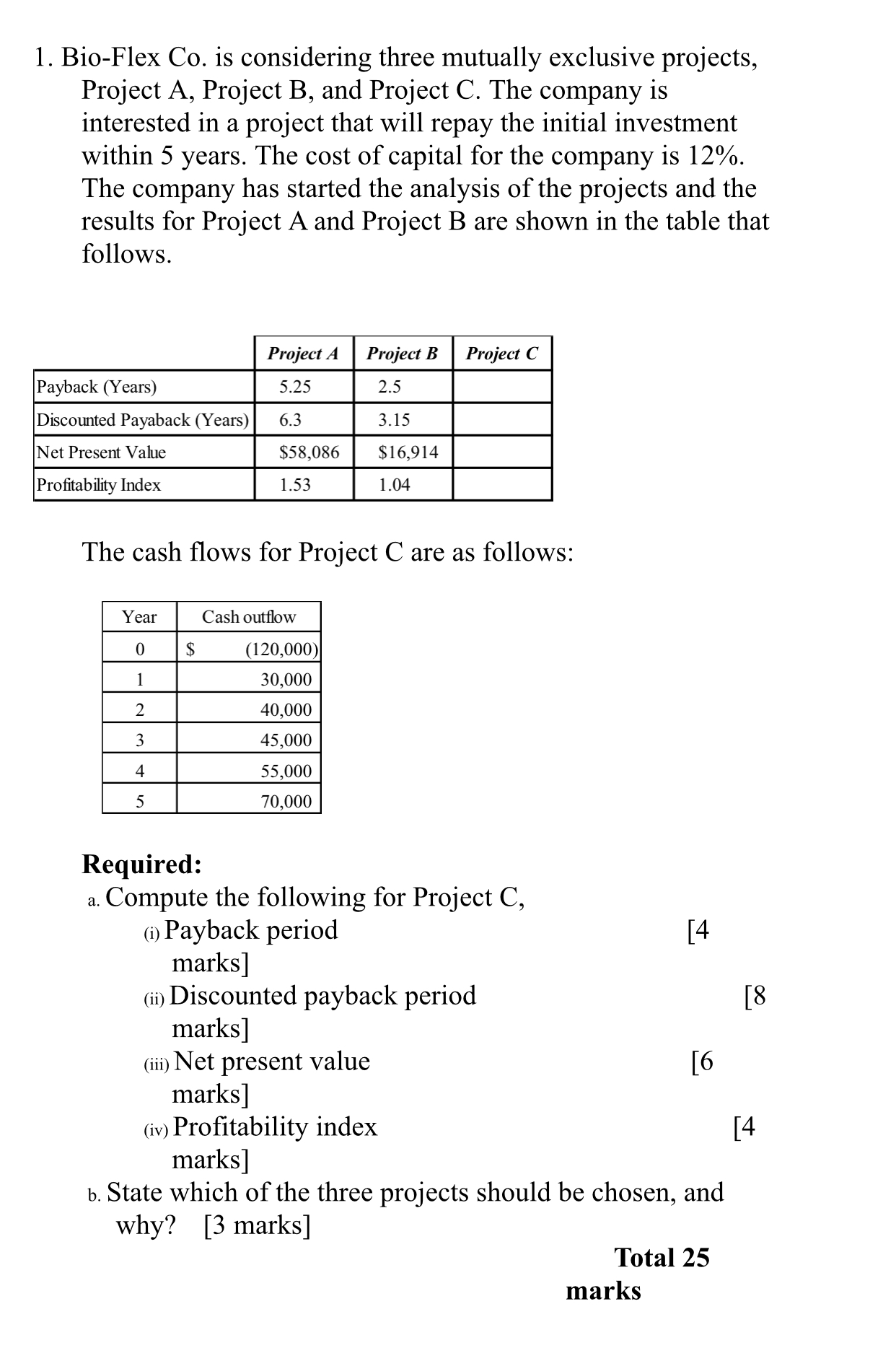 1. Bio-Flex Co. is considering three mutually exclusive projects, Project A, Project