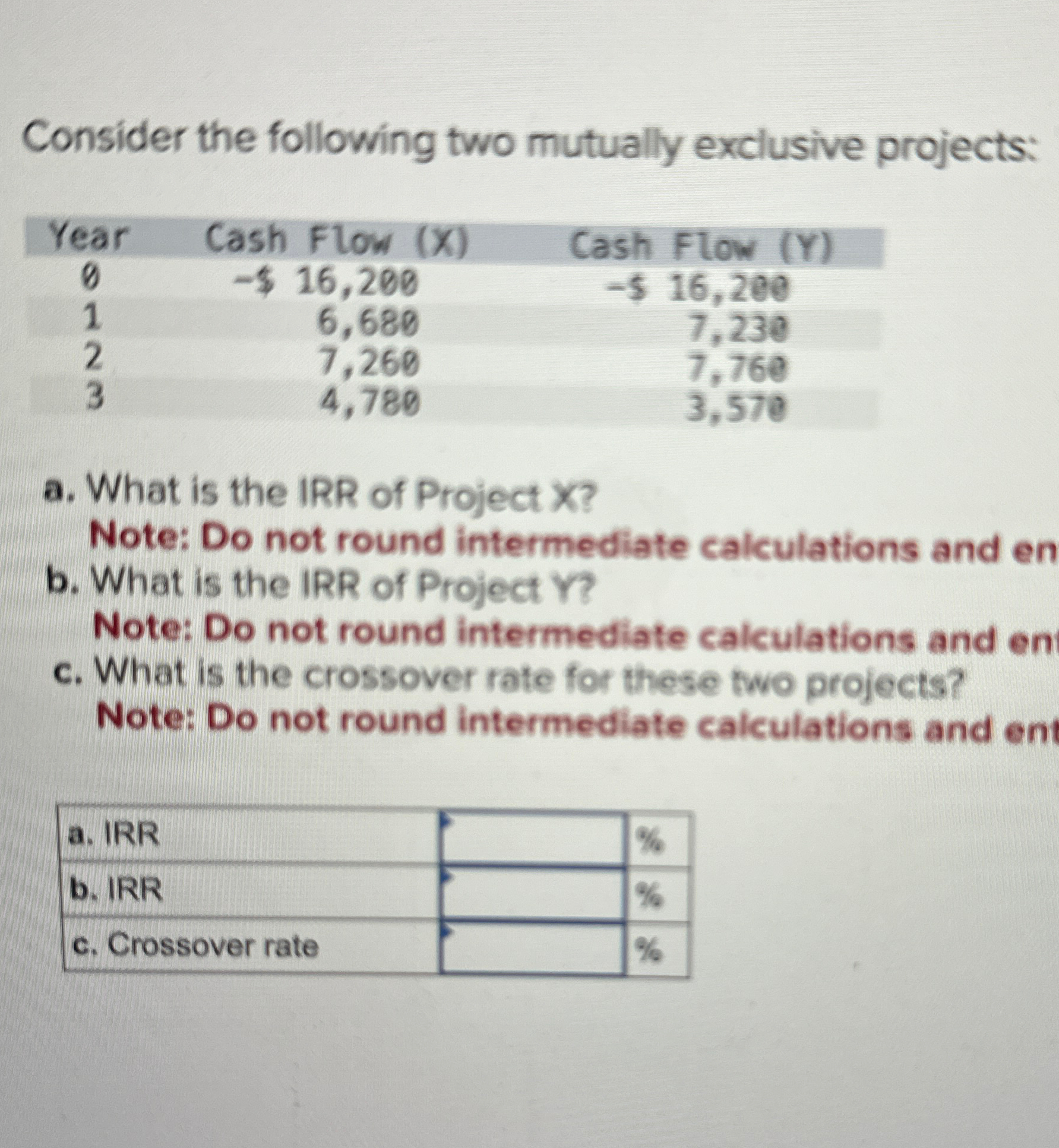 Consider the following two mutually exclusive projects: Year 0 Cash Flow (X)