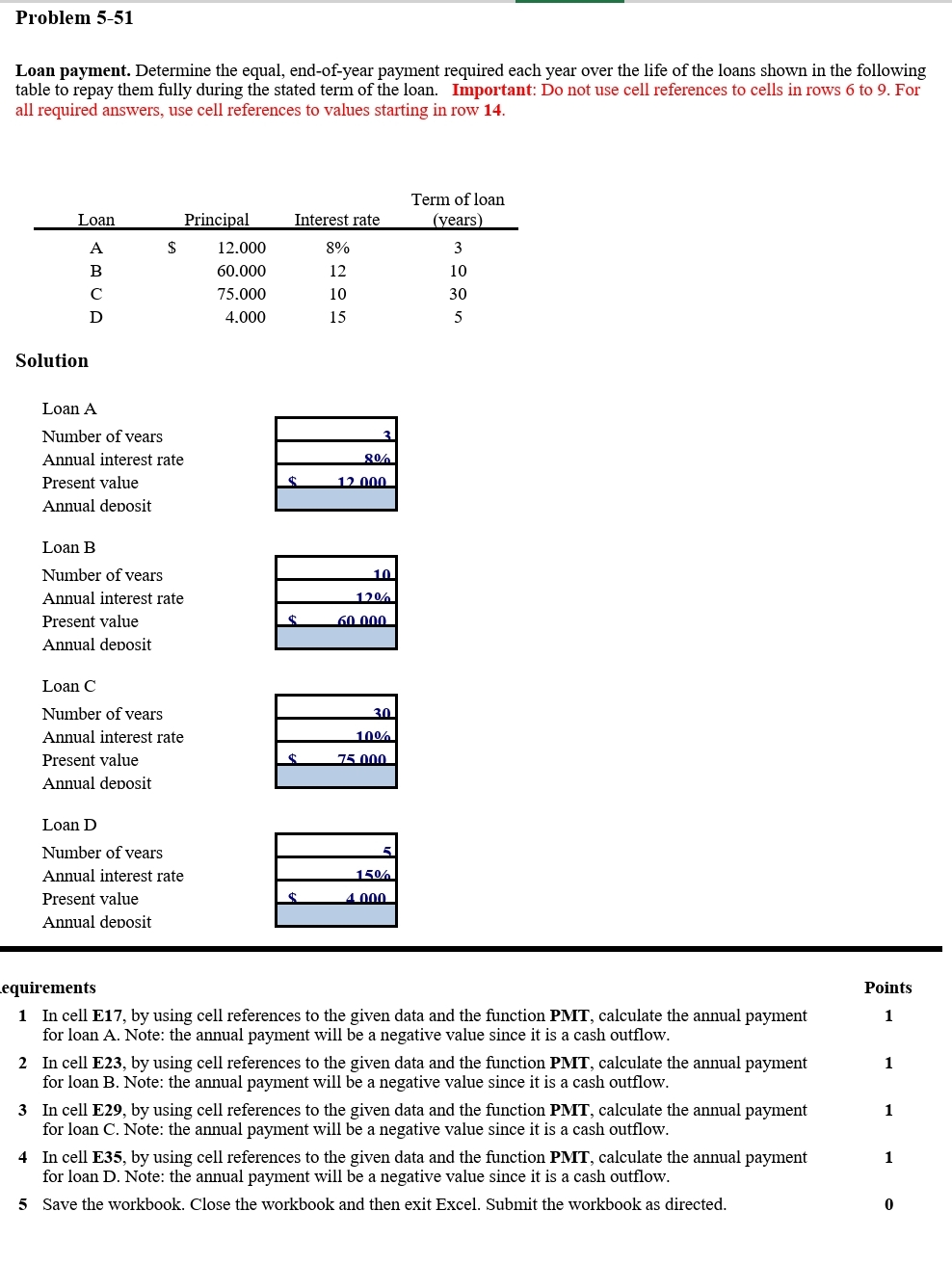 Problem 5-51 Loan payment. Determine the equal, end-of-year payment required each year