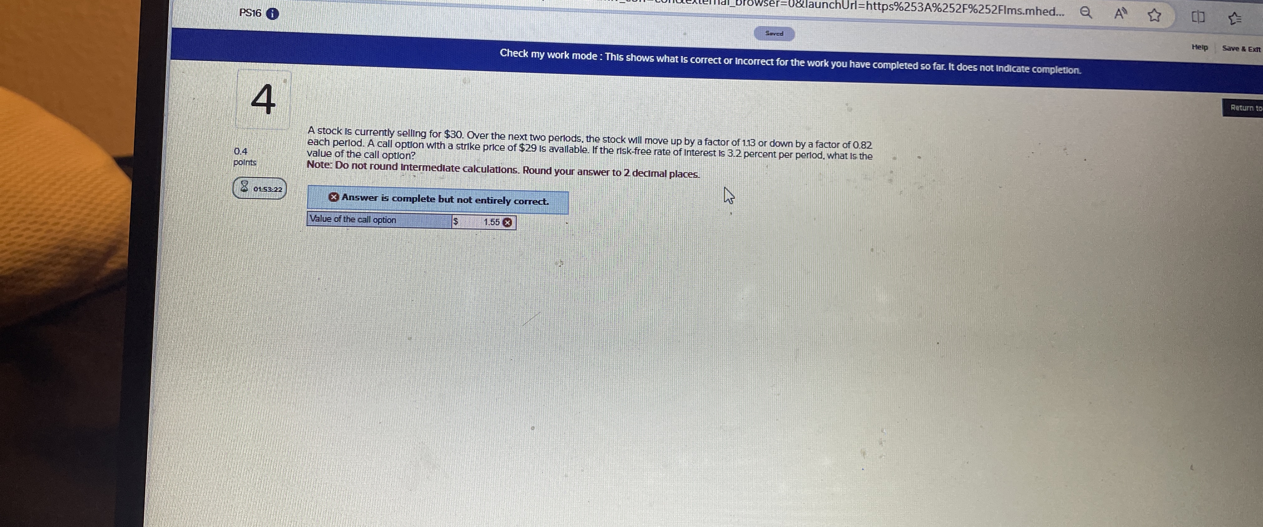 PS16 4 0.4 points 01.53.22 Wser=0&launchUrl=https%253A%252F%252Flms.mhed... Q A [ Saved Check my