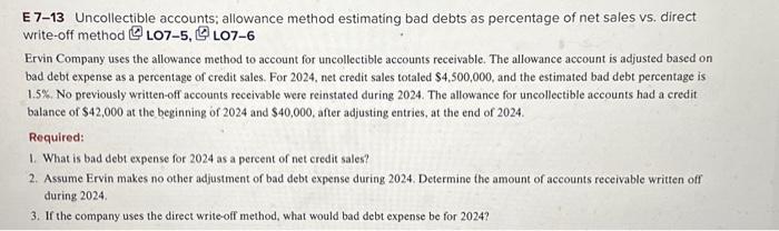 E 7-13 Uncollectible accounts; allowance method estimating bad debts as percentage of