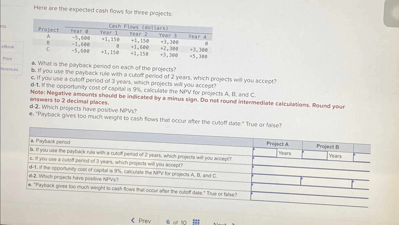 Here are the expected cash flows for three projects: Cash Flows (dollars)