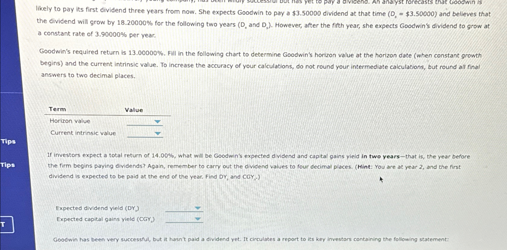 Tips Tips T to pay a dividend. An analyst forecasts that Goodwin