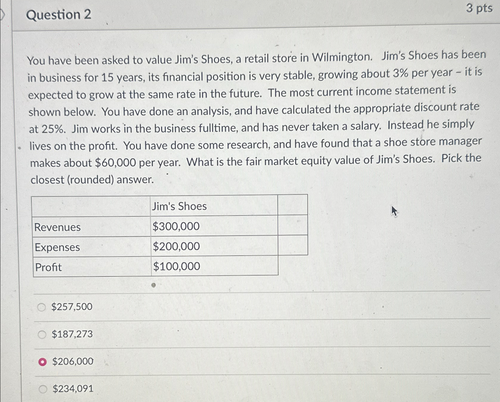 Question 2 3 pts You have been asked to value Jim's Shoes,