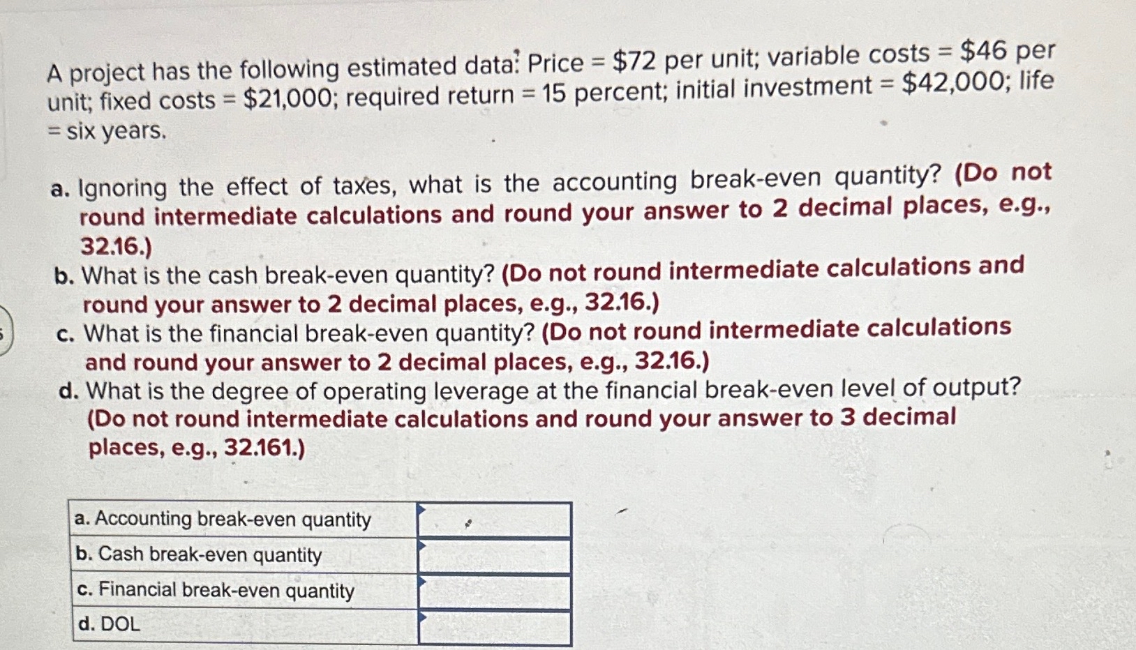 A project has the following estimated data: Price = $72 per unit;