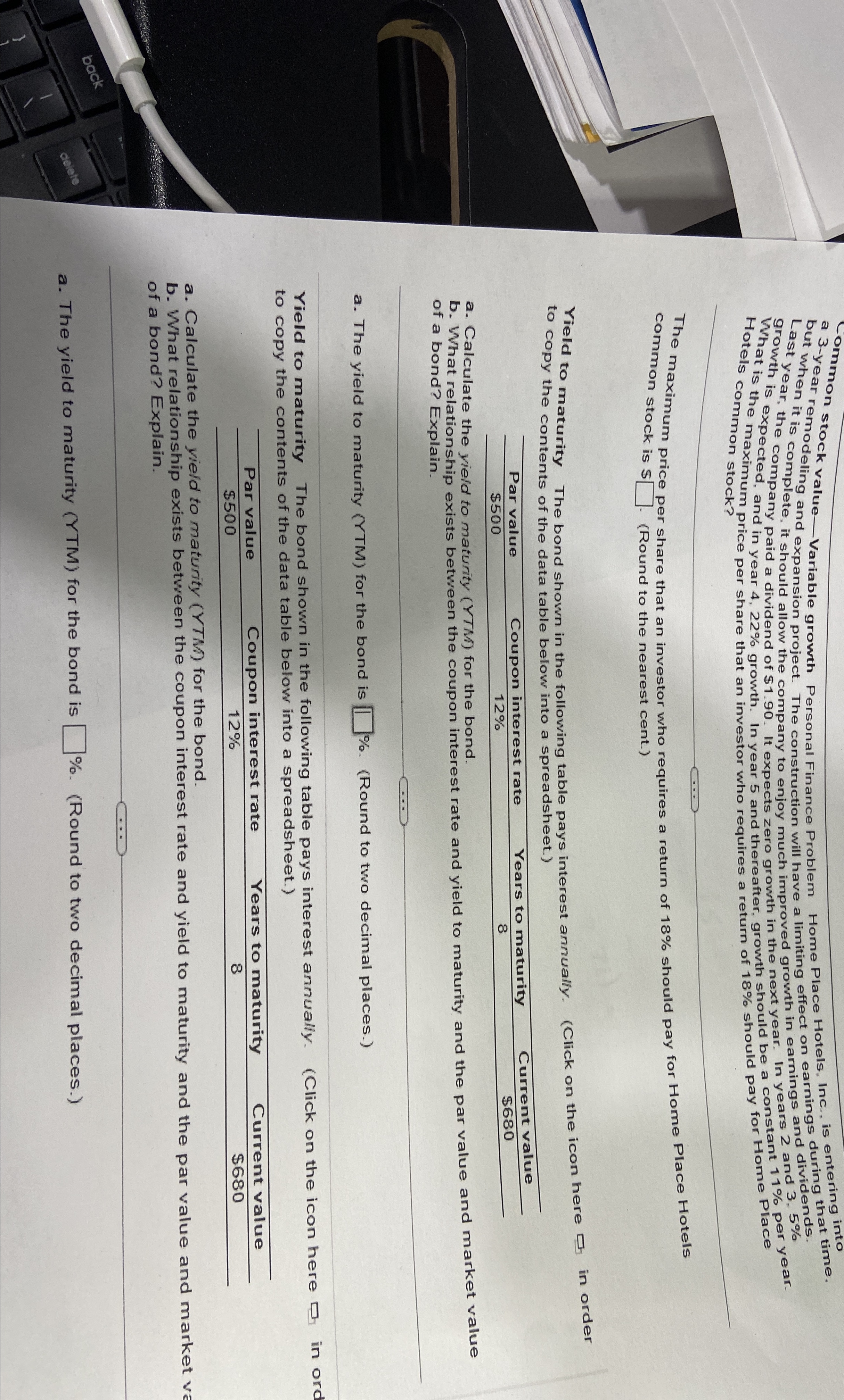 back Common stock value-Variable growth Personal Finance Problem Home Place Hotels, Inc.,