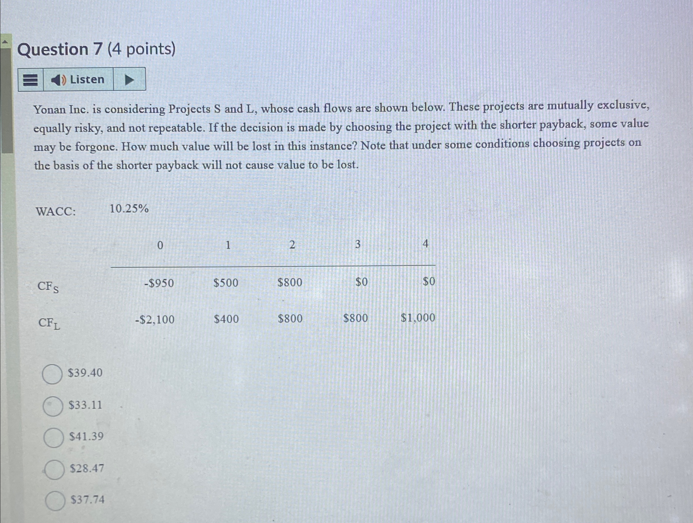 Question 7 (4 points) Listen Yonan Inc. is considering Projects S and