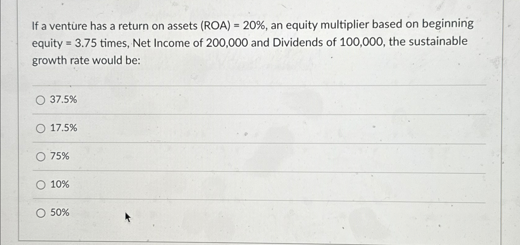 If a venture has a return on assets (ROA) = 20%, an