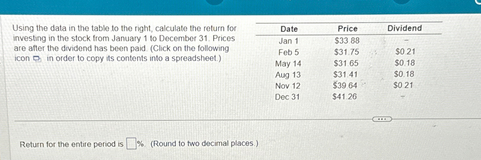 Using the data in the table to the right, calculate the return