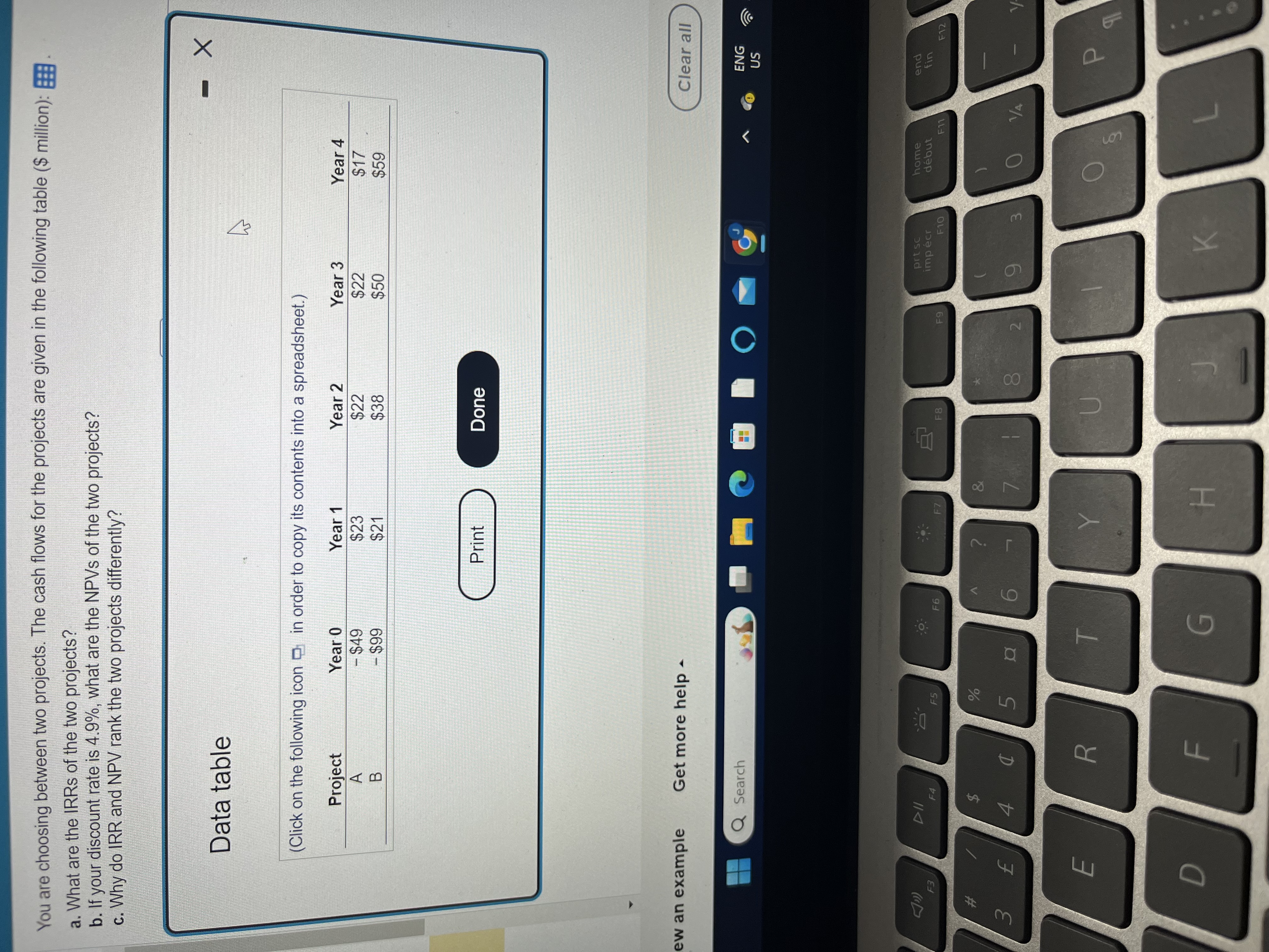 You are choosing between two projects. The cash flows for the projects