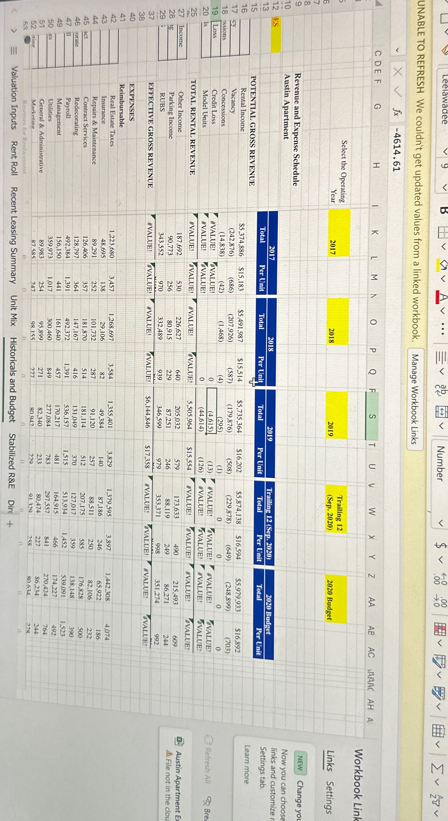 Number Leelawadee UNABLE TO REFRESH We couldn't get updated values from a