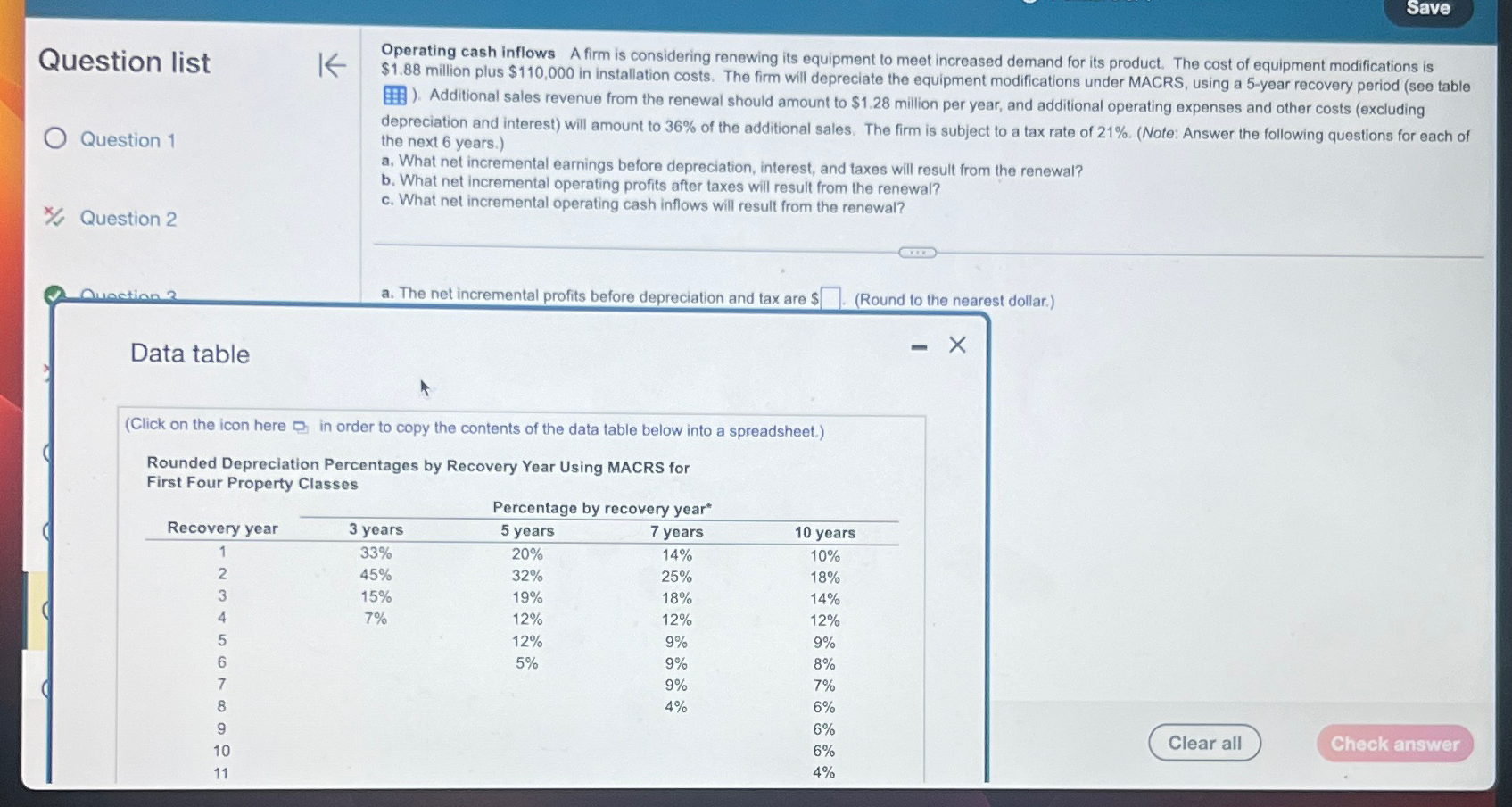 Save Question list Question 1 Question 2 K Operating cash inflows A