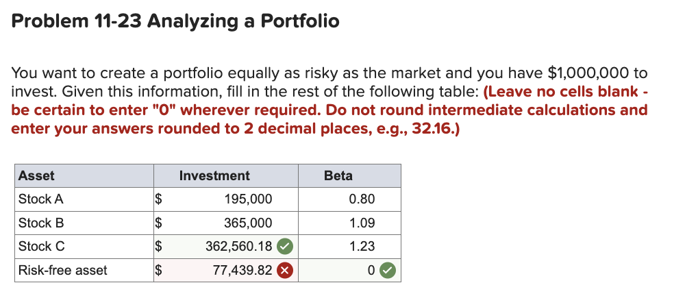 Problem 11-23 Analyzing a Portfolio You want to create a portfolio equally