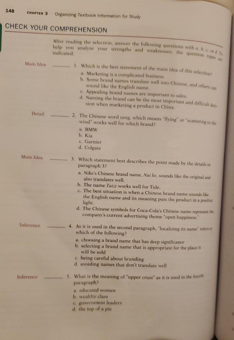 148 CHAPTER 3 Organizing Textbook Information for Study CHECK YOUR COMPREHENSION Main