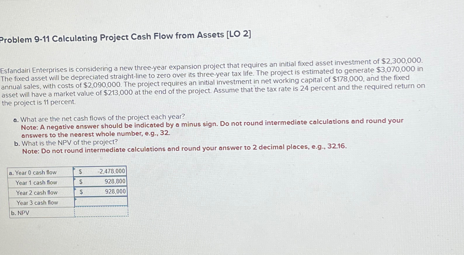 Problem 9-11 Calculating Project Cash Flow from Assets [LO 2] Esfandairi Enterprises
