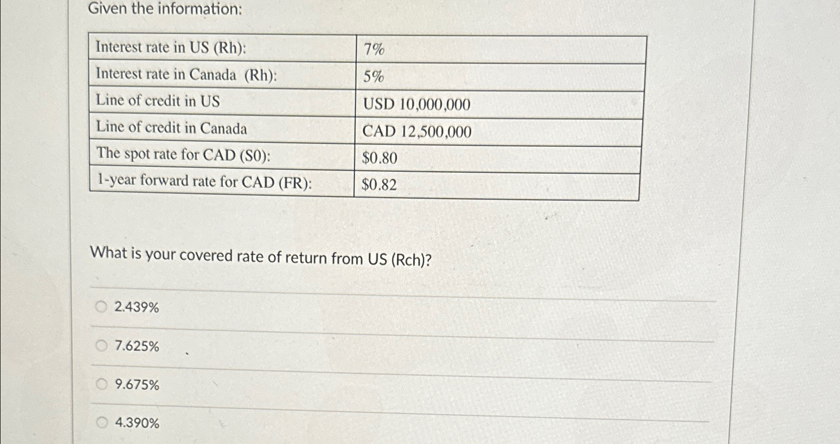 Given the information: Interest rate in US (Rh): 7% Interest rate in