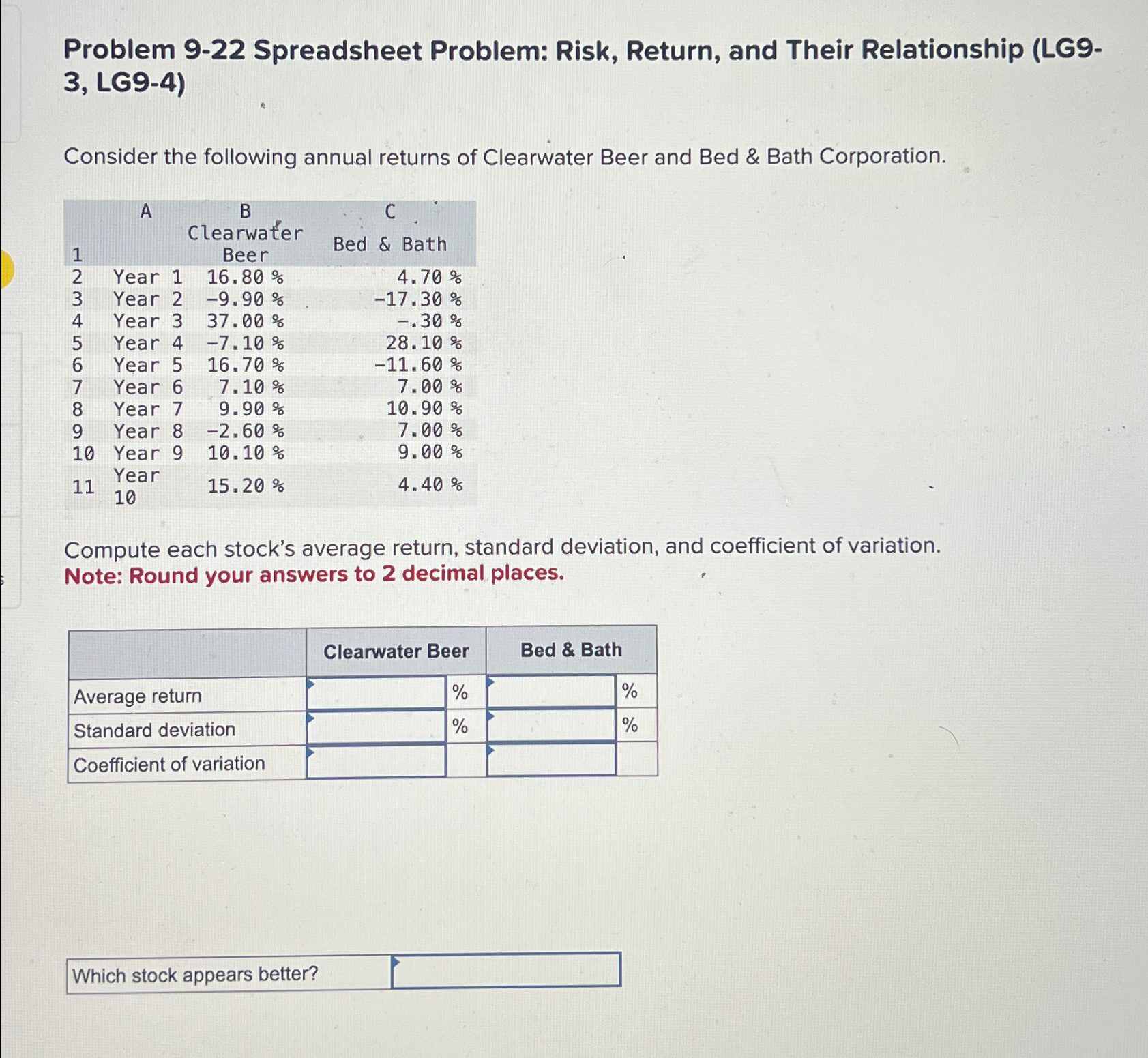 Problem 9-22 Spreadsheet Problem: Risk, Return, and Their Relationship (LG9- 3, LG9-4)