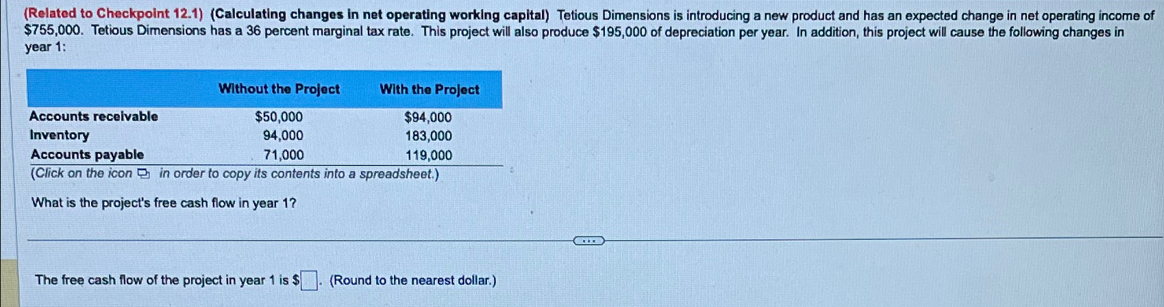 (Related to Checkpoint 12.1) (Calculating changes in net operating working capital) Tetious