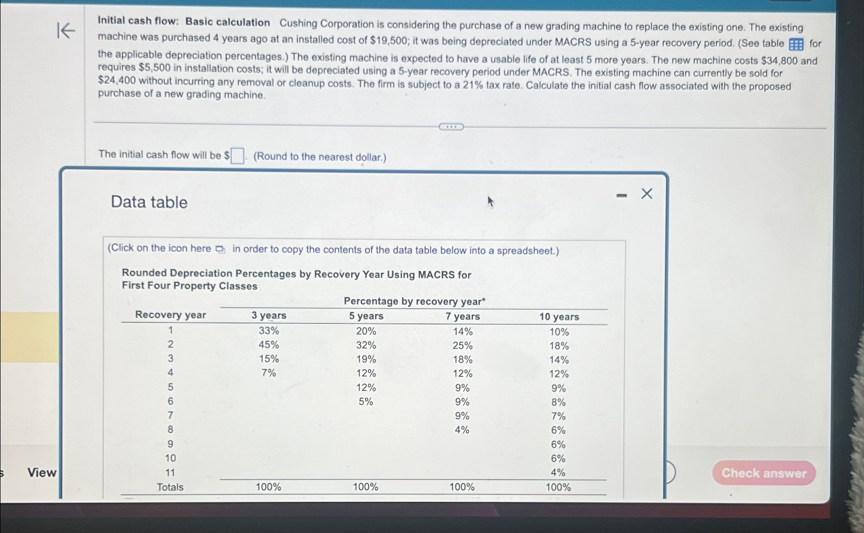 K Initial cash flow: Basic calculation Cushing Corporation is considering the purchase