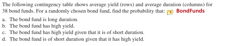 The following contingency table shows average yield (rows) and average duration (columns)
