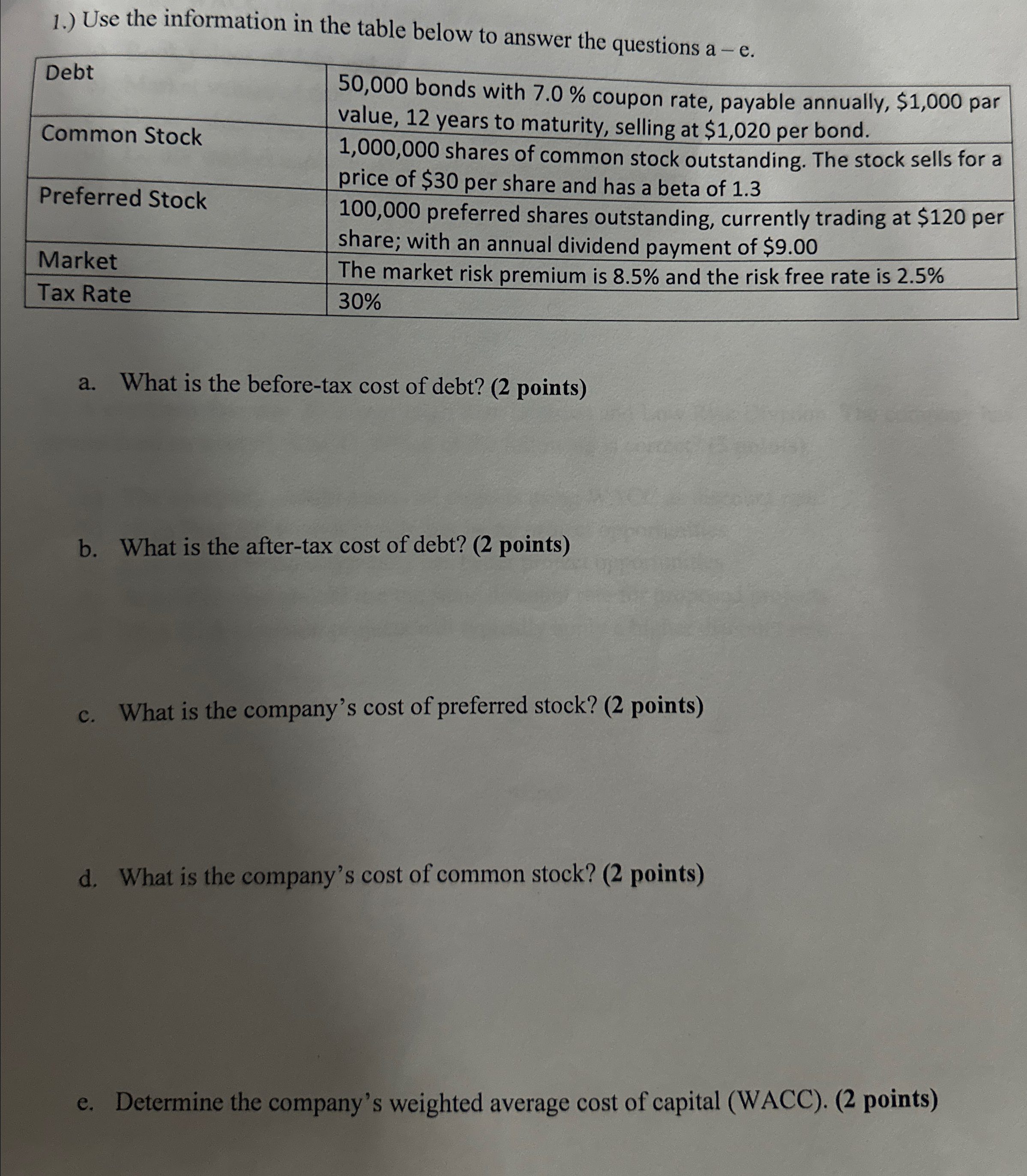 1.) Use the information in the table below to answer the questions