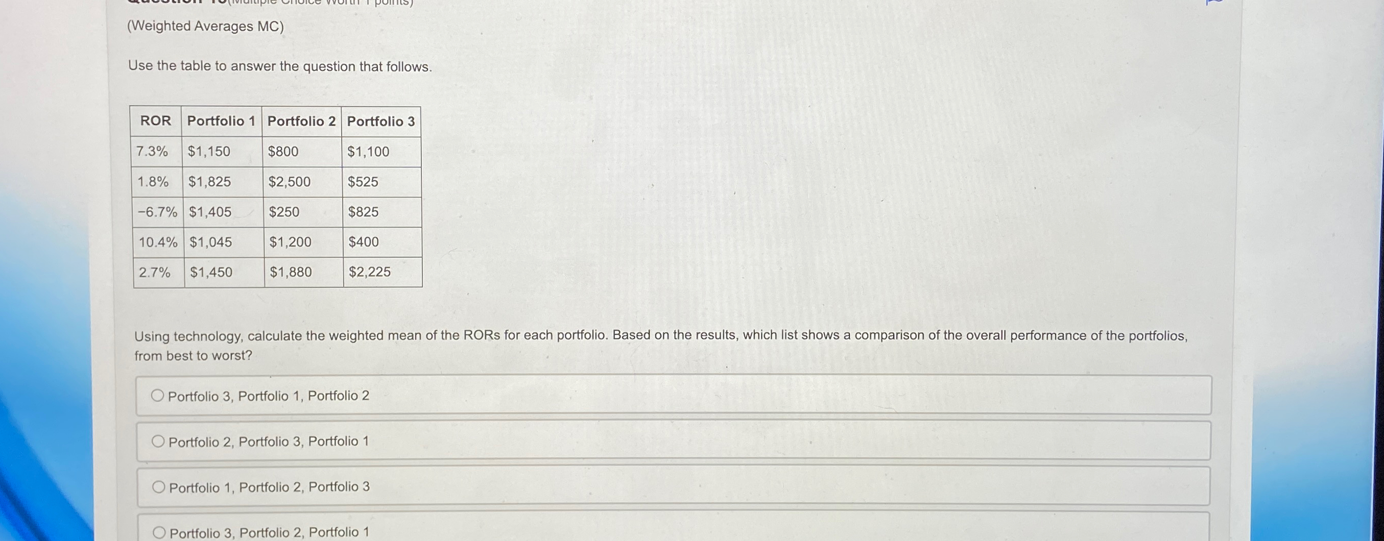 (Weighted Averages MC) Use the table to answer the question that follows.