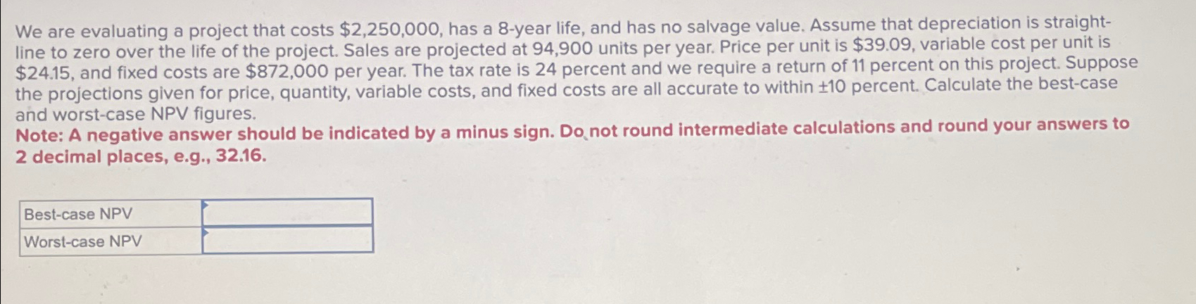 We are evaluating a project that costs $2,250,000, has a 8-year life,