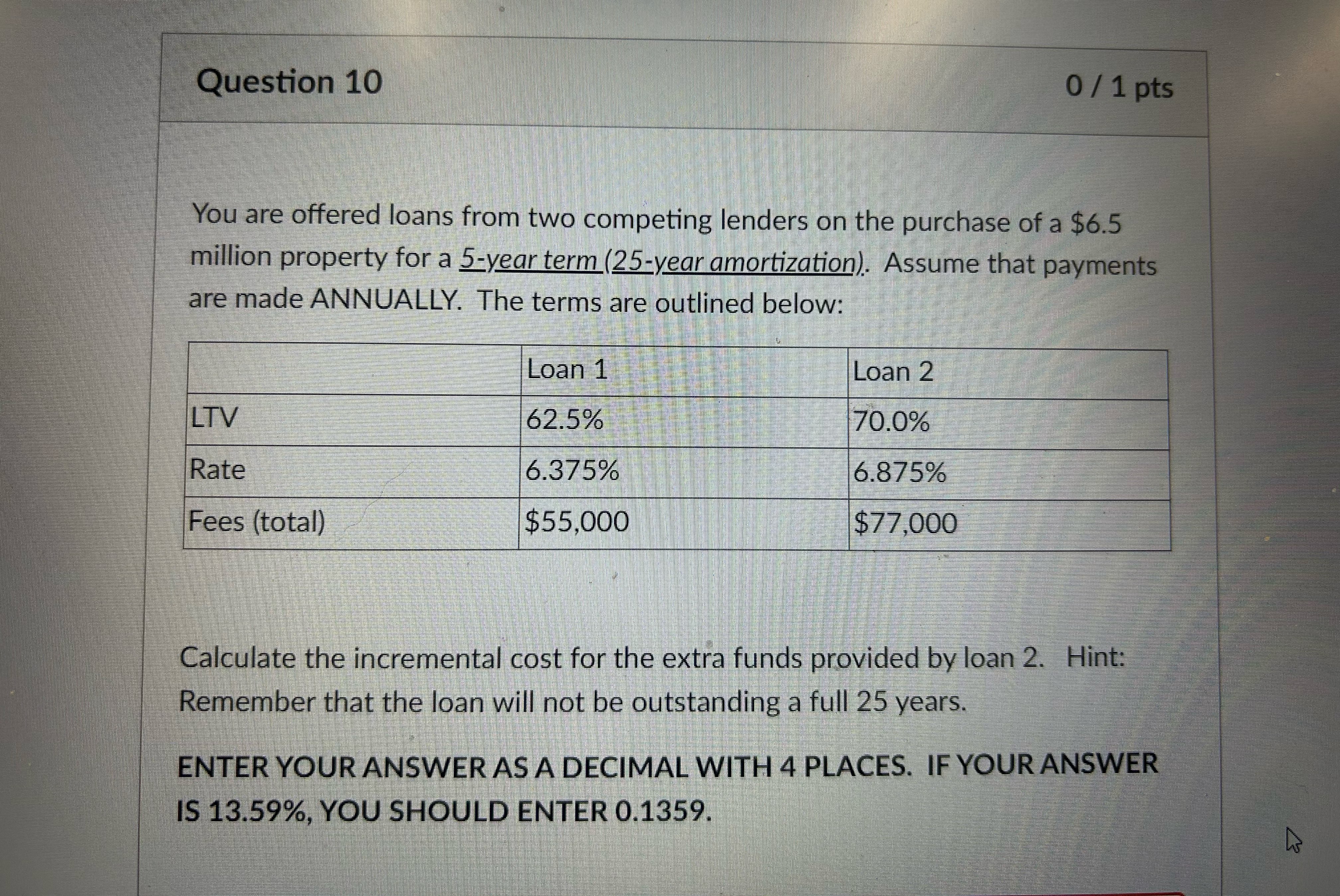 Question 10 0/1 pts You are offered loans from two competing lenders