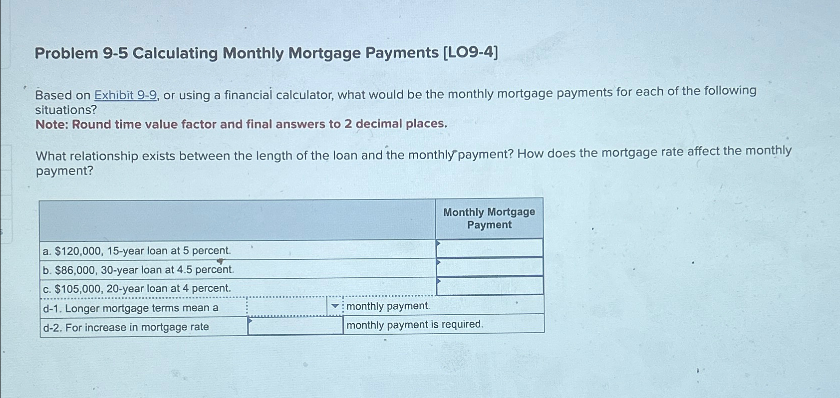 Problem 9-5 Calculating Monthly Mortgage Payments [LO9-4] Based on Exhibit 9-9, or