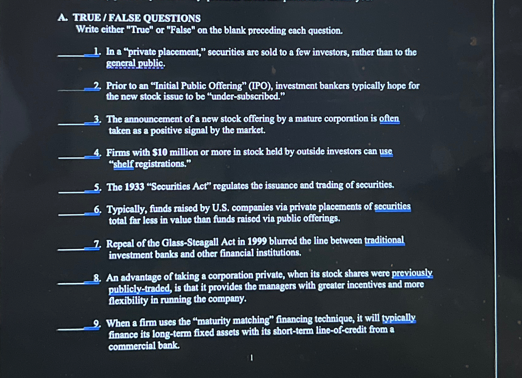 A. TRUE/FALSE QUESTIONS Write either "True" or "False" on the blank preceding
