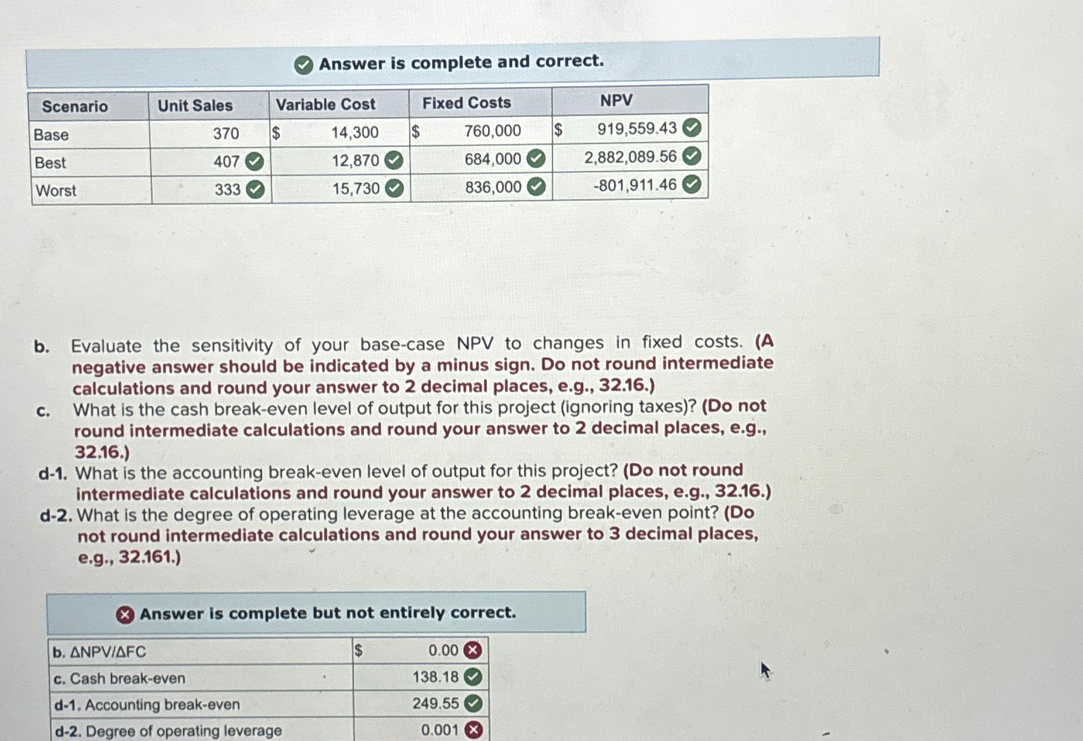 Answer is complete and correct. Scenario Unit Sales Variable Cost Fixed Costs